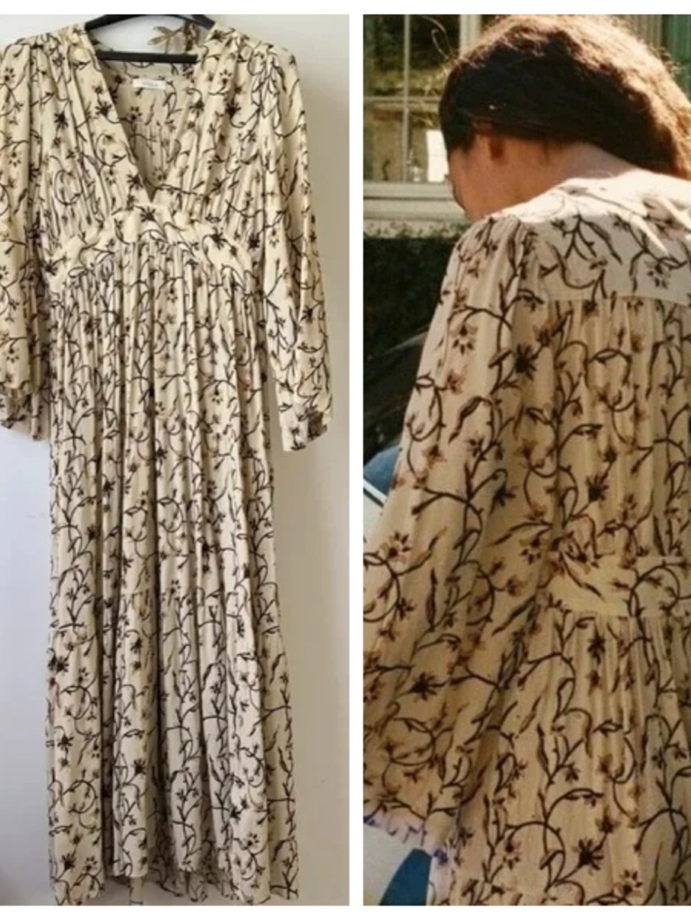 Doen Maxi Dress Ivory Beige Floral Zinnia Long Sleeve Prairiecore size S